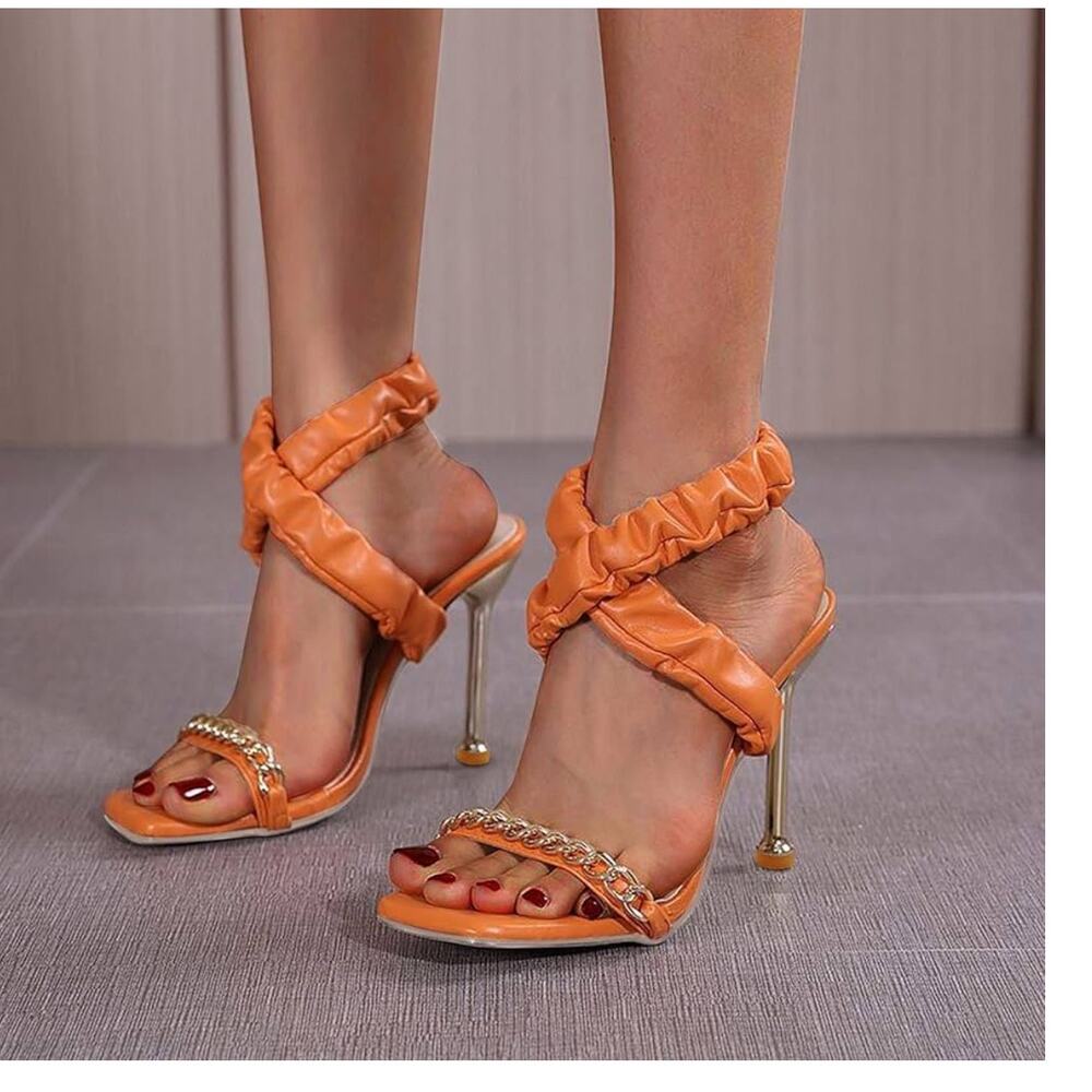 orange open toe Gold accent chain Heel size 8